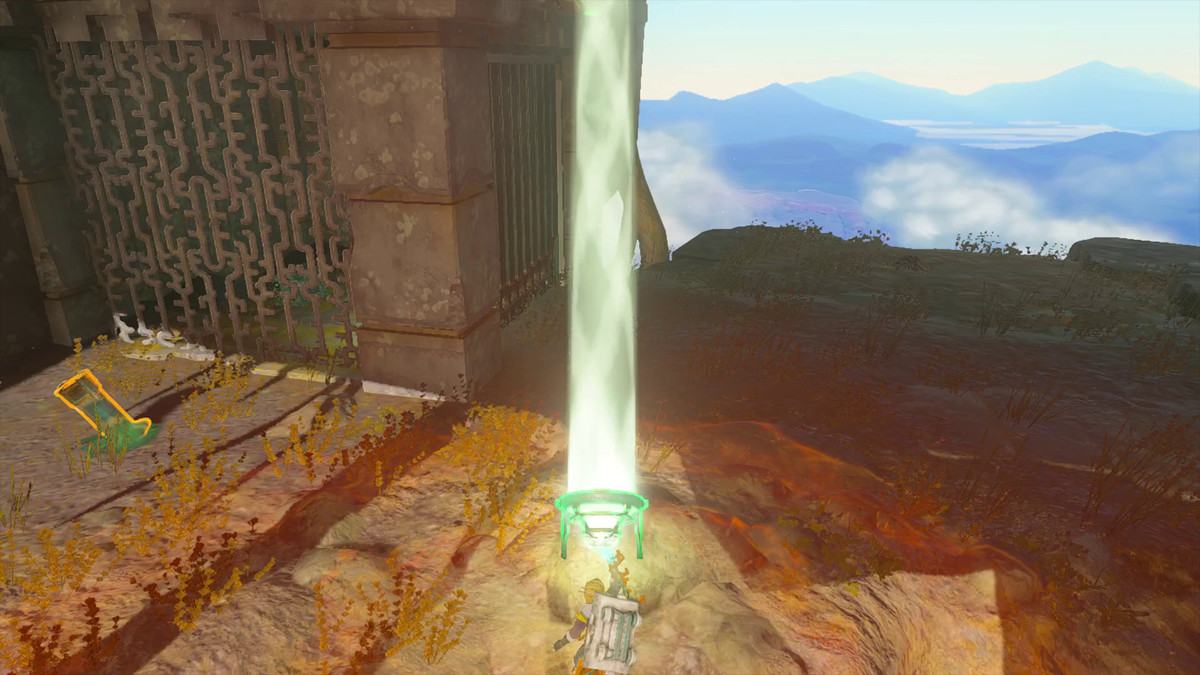 Link använder Ultrahand för att rikta en spegel mot en platta utanför skärmen för att få en kista i Tears of the Kingdom
