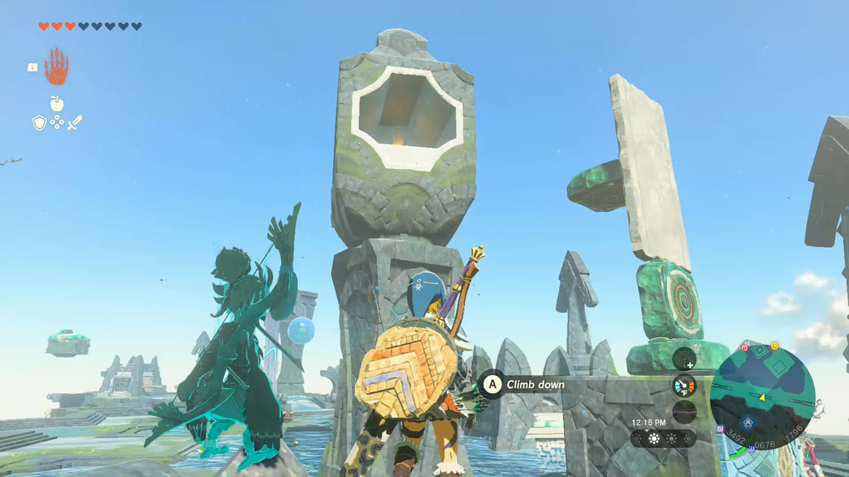 Link i Zoroa-rustningen står framför en snurrande anordning med en hög struktur byggd med Zonai-plattformar och en stenskiffer i Tears of the Kingdom