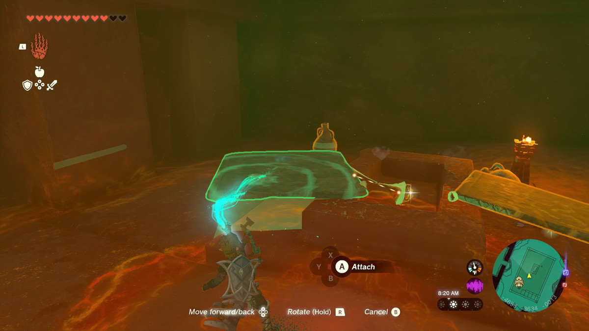 The Legend of Zelda: Tears of the Kingdom Link using Ultrahand to lift stone slabs and find a Gerudo bow in the Lightning Temple