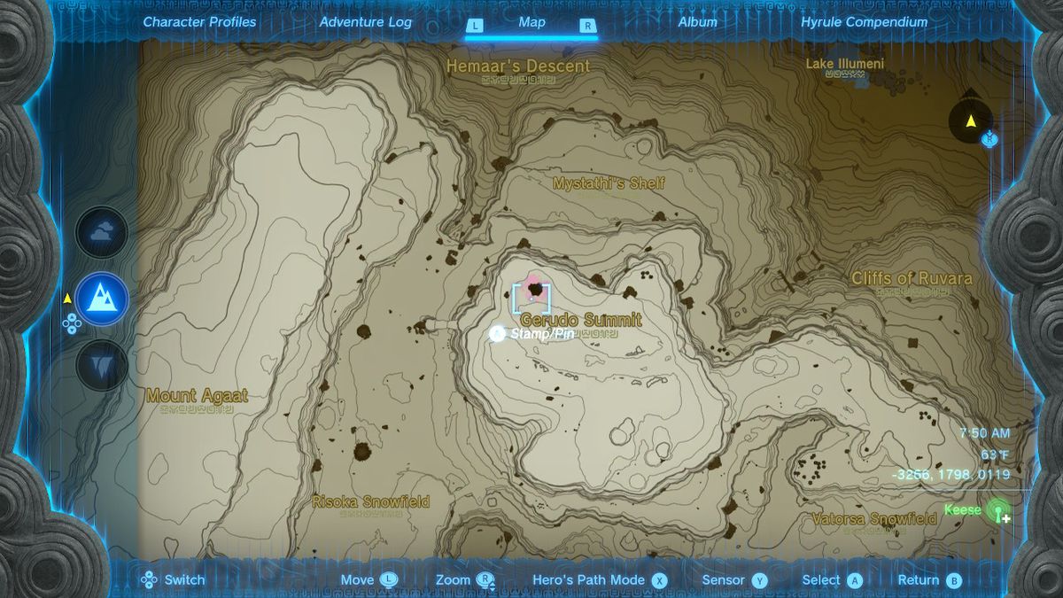 A screenshot of the map location of the Gerudo Summit Chasm in Zelda: Tears of the Kingdom