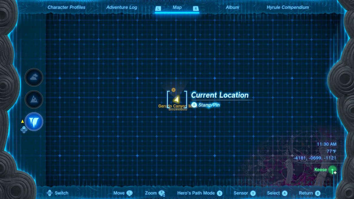 A screenshot of the map location of the Gerudo Canyon Mine in Zelda: Tears of the Kingdom