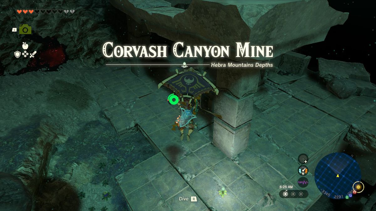 Link glides over the Corvash Canyon Mine in Zelda: Tears of the Kingdom