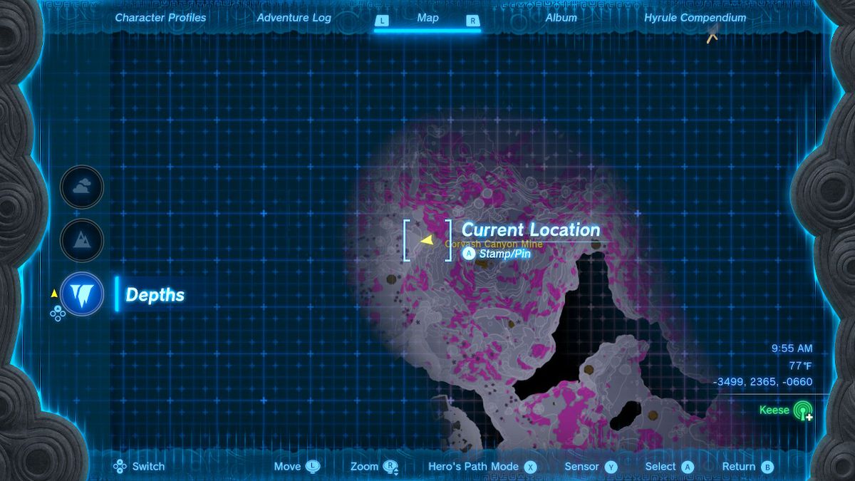 A screenshot of the map location indicating Link is heading west of the Corvash Canyon Mine in Zelda: Tears of the Kingdom