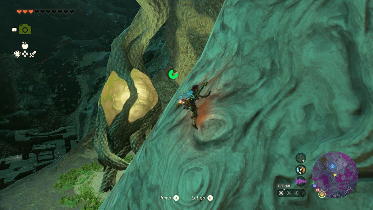 Link climbs over a root to the right side of Worihas Lightroot in Zelda: Tears of the Kingdom