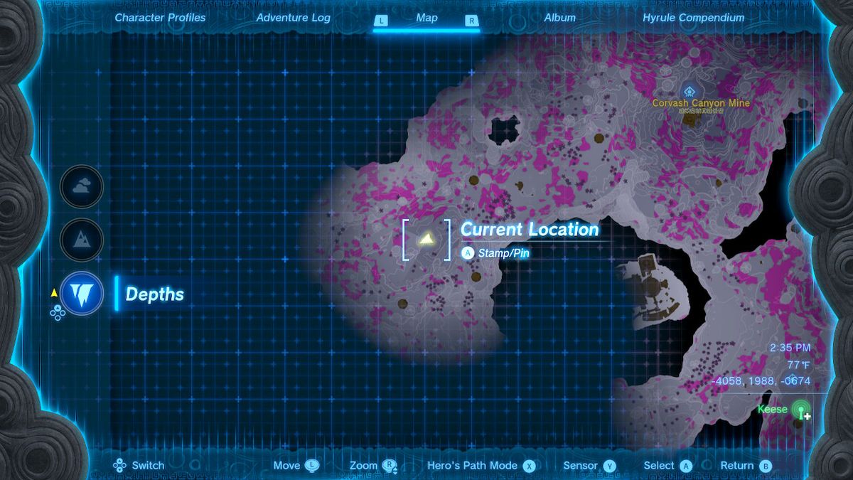 A screenshot of the map location of the So-oaw Lightroot in Zelda: Tears of the Kingdom