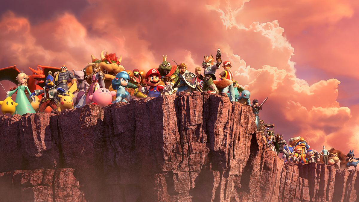 a line of Smash Bros. characters stands at the edge of a cliff in Super Smash Bros. Ultimate