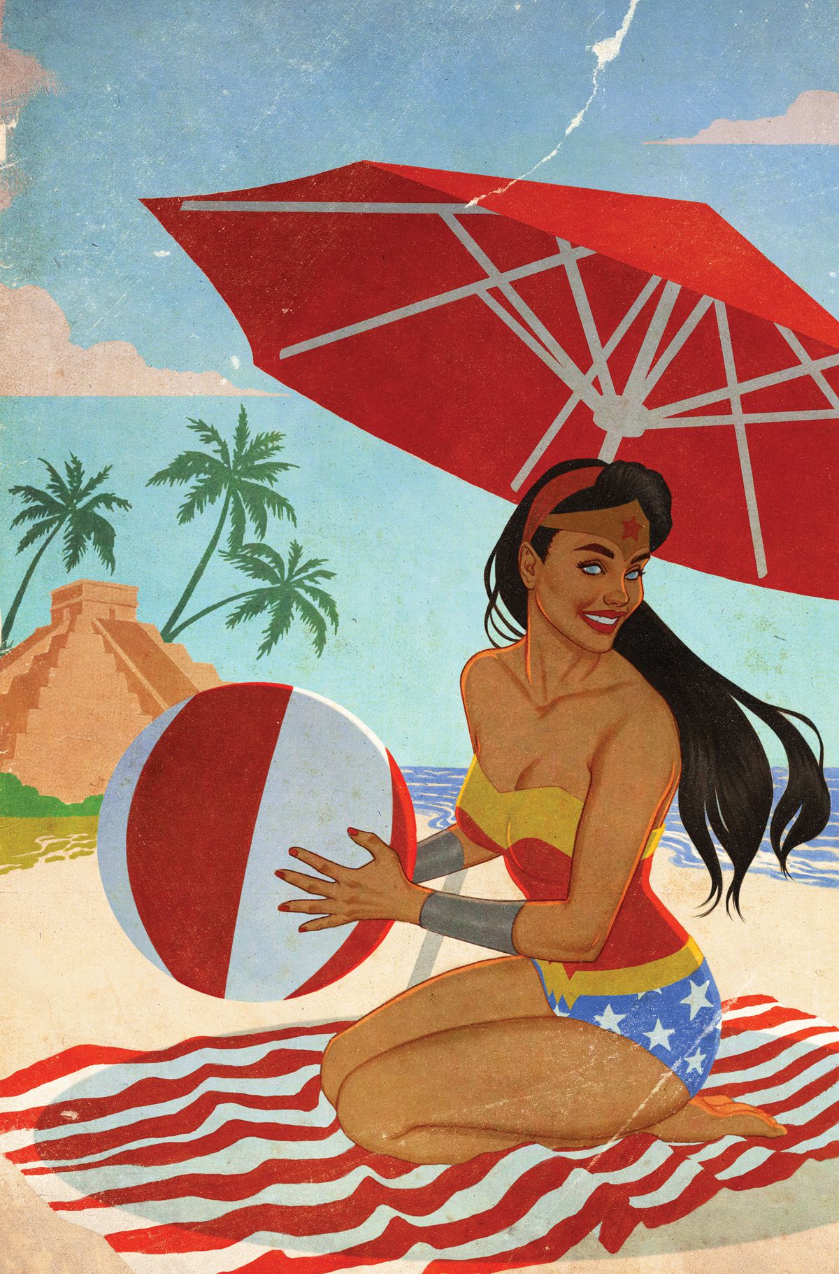 Wonder Woman knäböjer med en badboll på stranden, iklädd en baddräkt som liknar hennes kostym. 