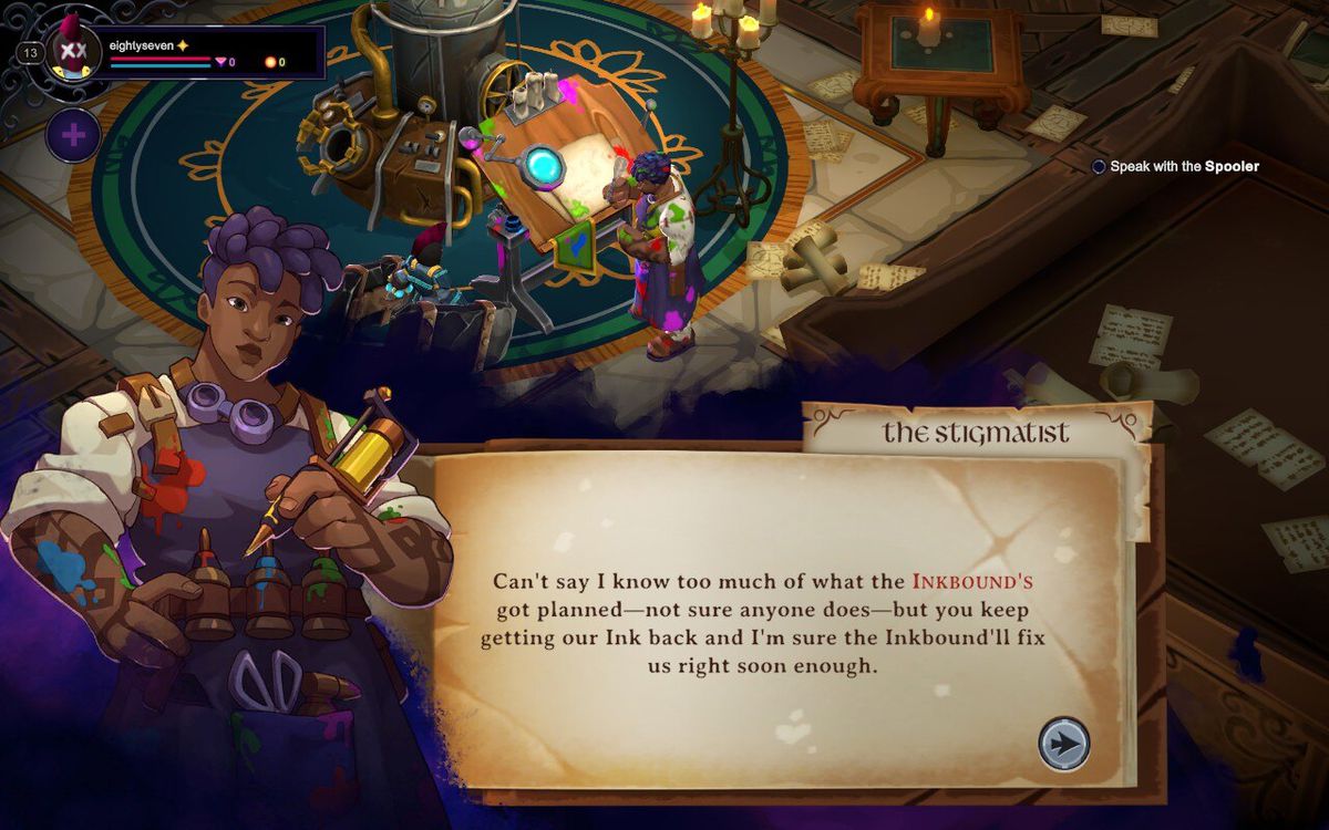 Spelaren interagerar med Stigmatist NPC i en dialogscen i Inkbound