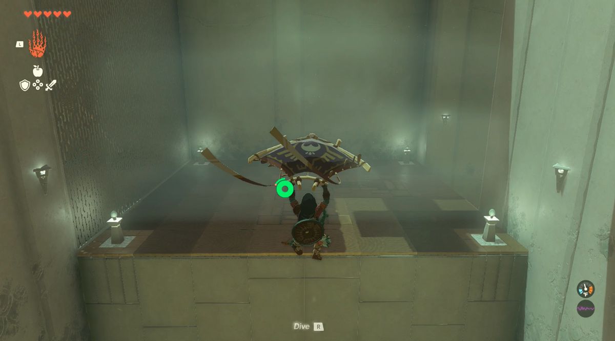 Länka paraglides över en klyfta i Zelda: Tears of the Kingdom's Gatakis Shrine