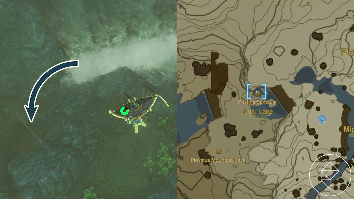 The Legend of Zelda: Tears of the Kingdom delad bild som visar ingången till kung Dorephons gömställe och en karta som visar platsen nära Lulu Lake.