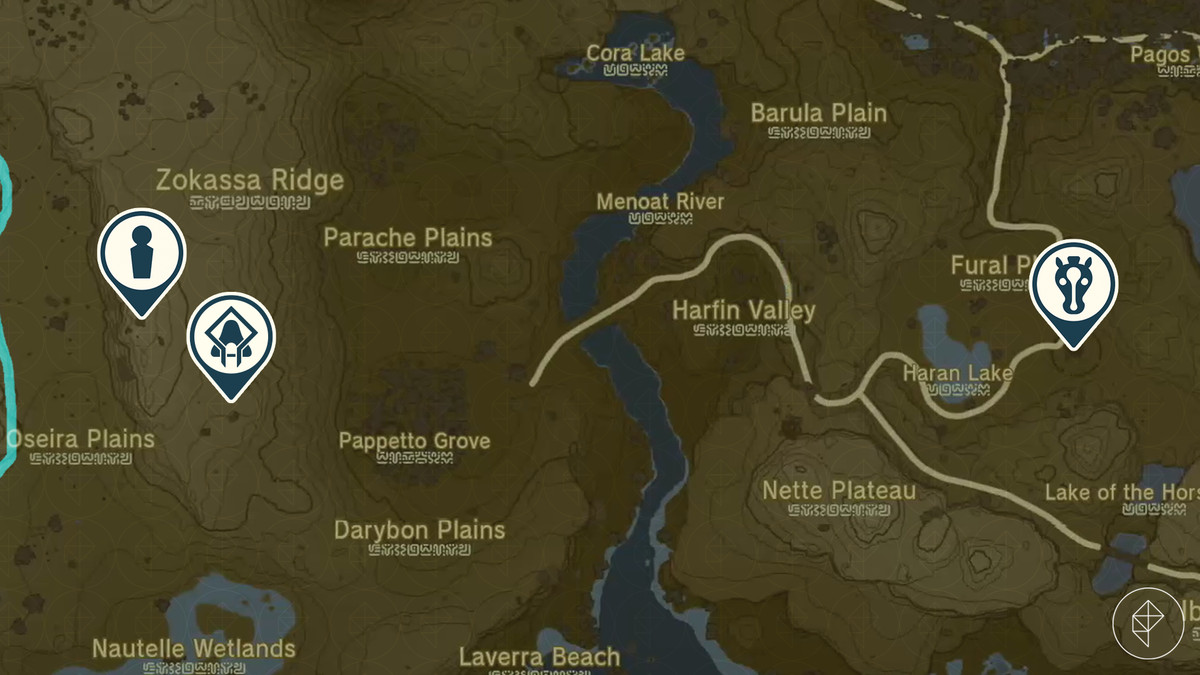 En Zelda: Tears of the Kingdom-karta visar platserna för Highland Stable, Baddek och Ishokin Shrine