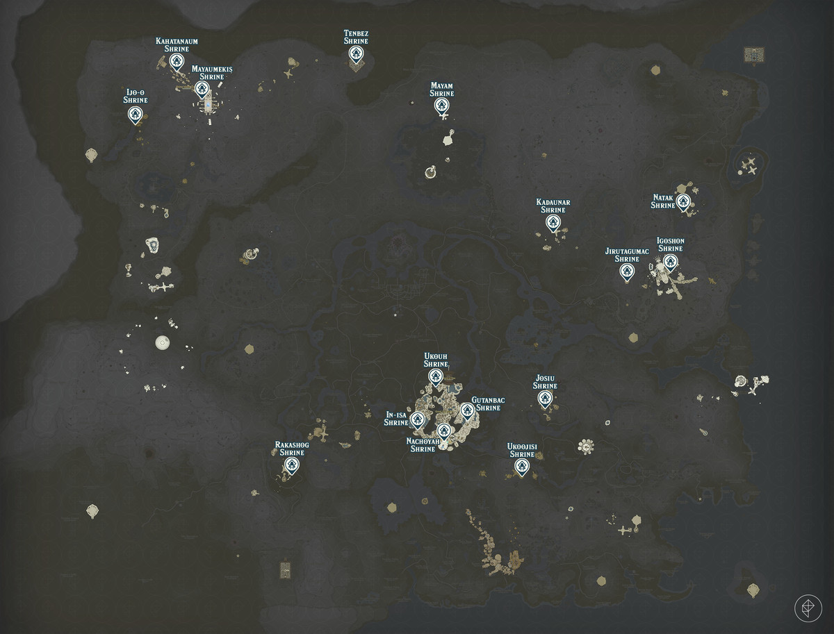 Zelda Tears of the Kingdom-karta över Sky Island-regionen med helgedomsplatser markerade