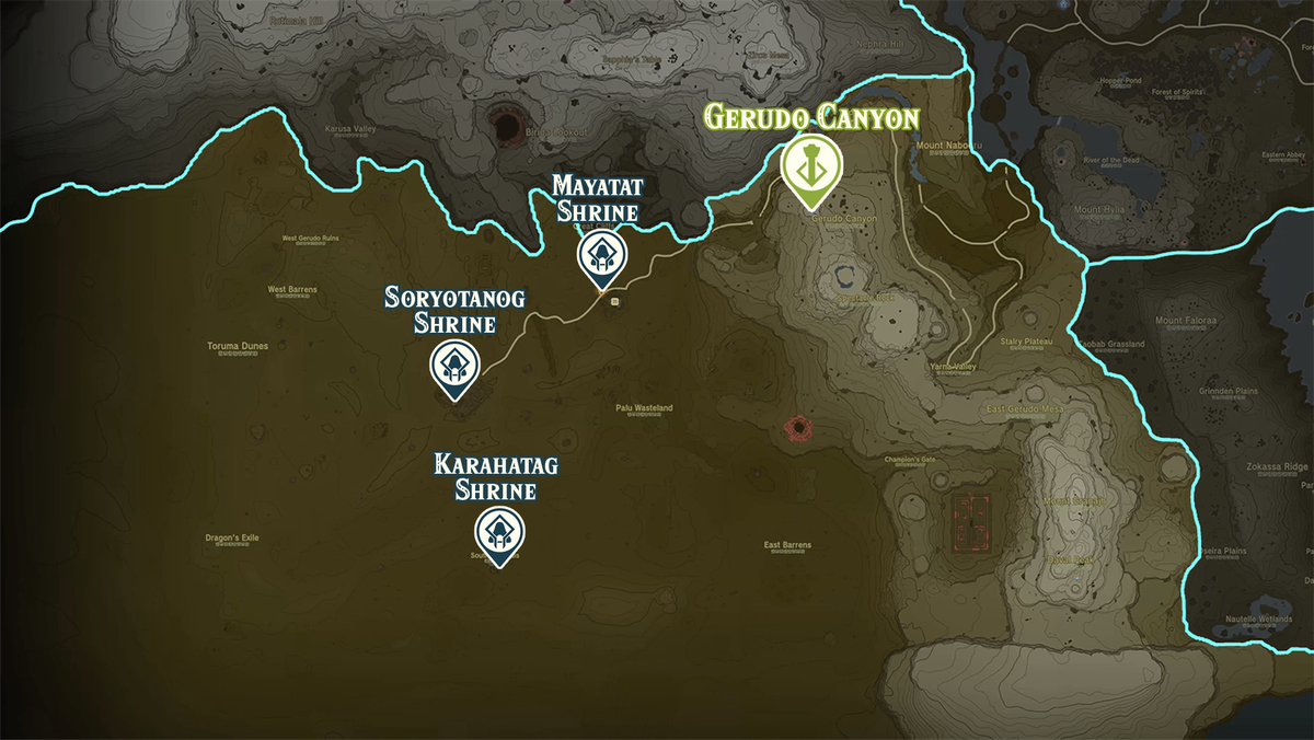 Zelda Tears of the Kingdom-karta över Gerudo Canyon-regionen med helgedomsplatser markerade