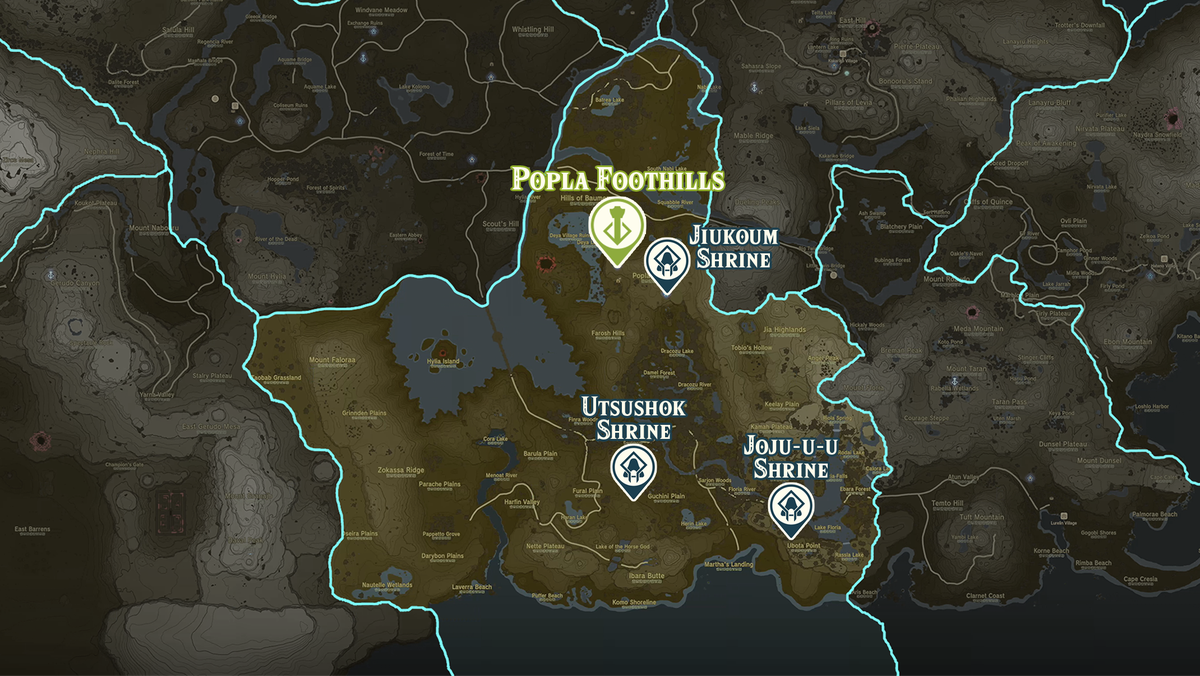 Zelda Tears of the Kingdom-karta över Popla Foothills-regionen med helgedomsplatser markerade