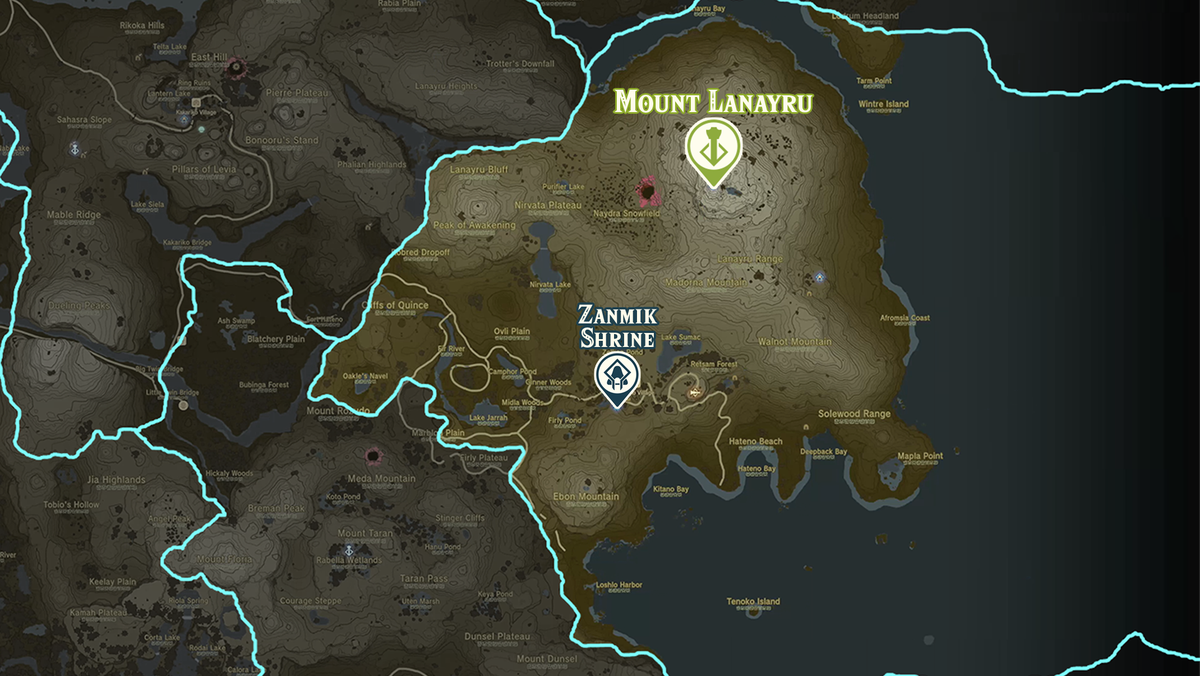 Zelda: Tears of the Kingdom-karta över Mount Lanayru-regionen med helgedomsplatser markerade