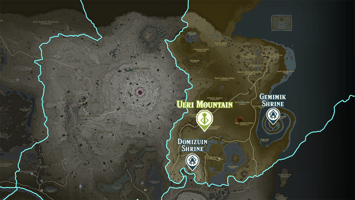 Zelda Tears of the Kingdom-karta över Ulribergsregionen med helgedomsplatser markerade