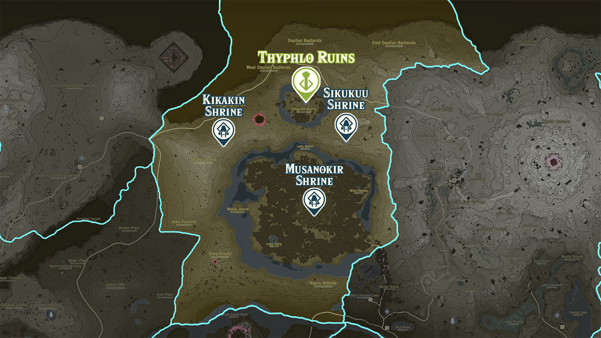 Zelda Tears of the Kingdom-karta över Thyphlo Ruins-regionen med helgedomsplatser markerade