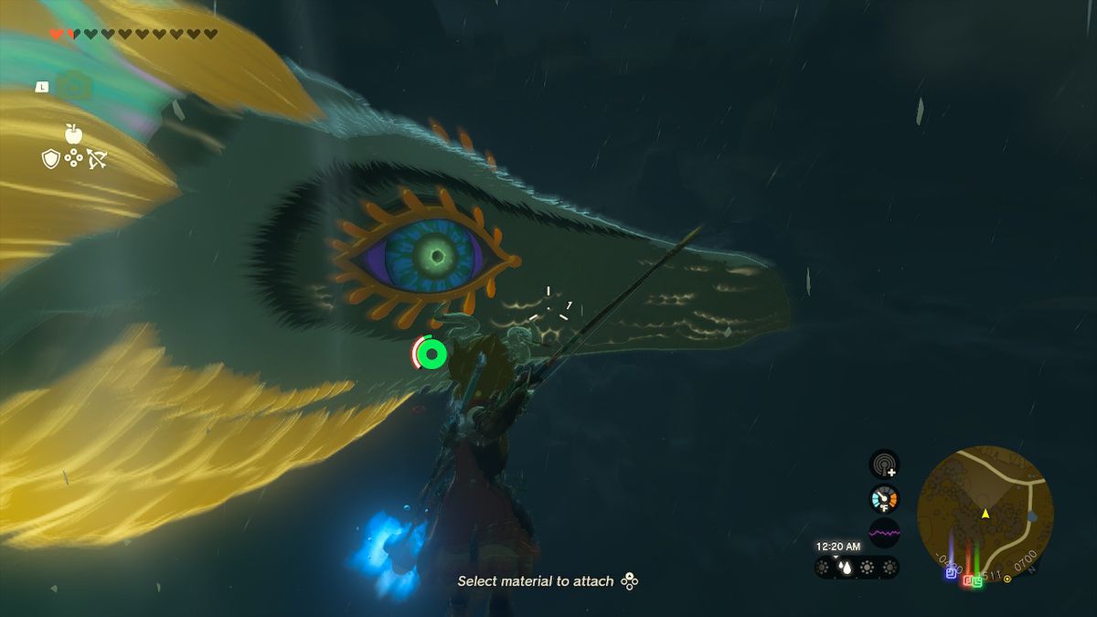 Link hänger upp sig i luften medan han siktar med bågen mot Light Dragon's mouth i Zelda: Tears of the Kingdom