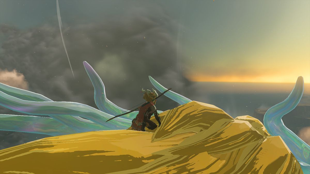 Link vilar på toppen av Light Dragon och tittar på solnedgången i Zelda: Tears of the Kingdom