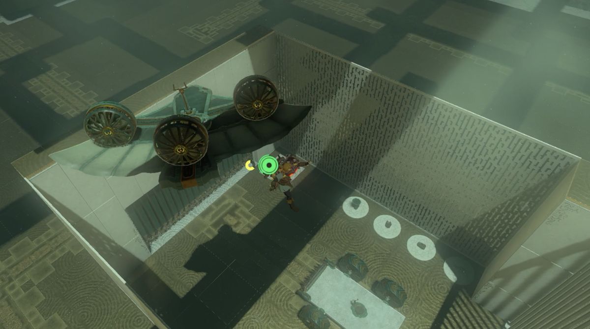 Link hoppar ner från en Zonai-vinge i Rasitakiwak Shrine i Zelda: Tears of the Kingdom