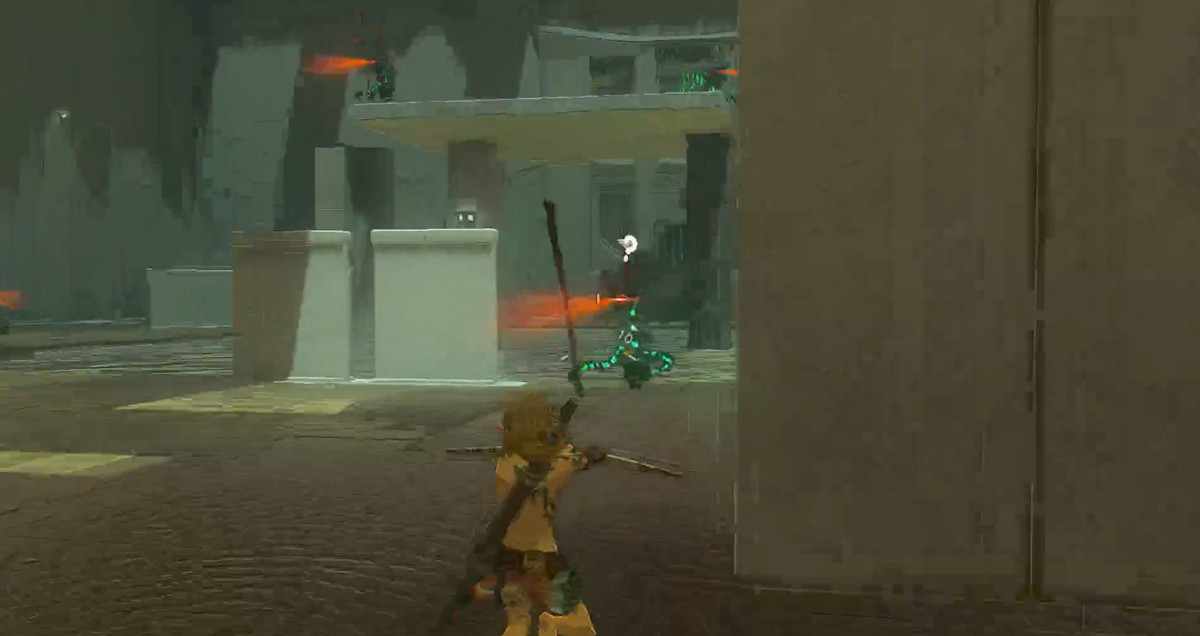 Link pekar en pil mot en konstruktion i Zelda: Tears of the Kingdom