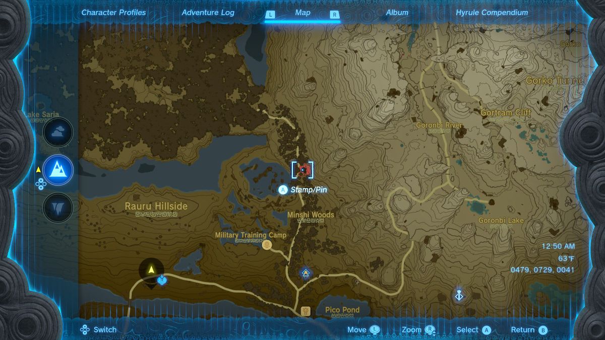 En skärmdump av kartplatsen för Minshi Woods Chasm i Zelda: Tears of the Kingdom