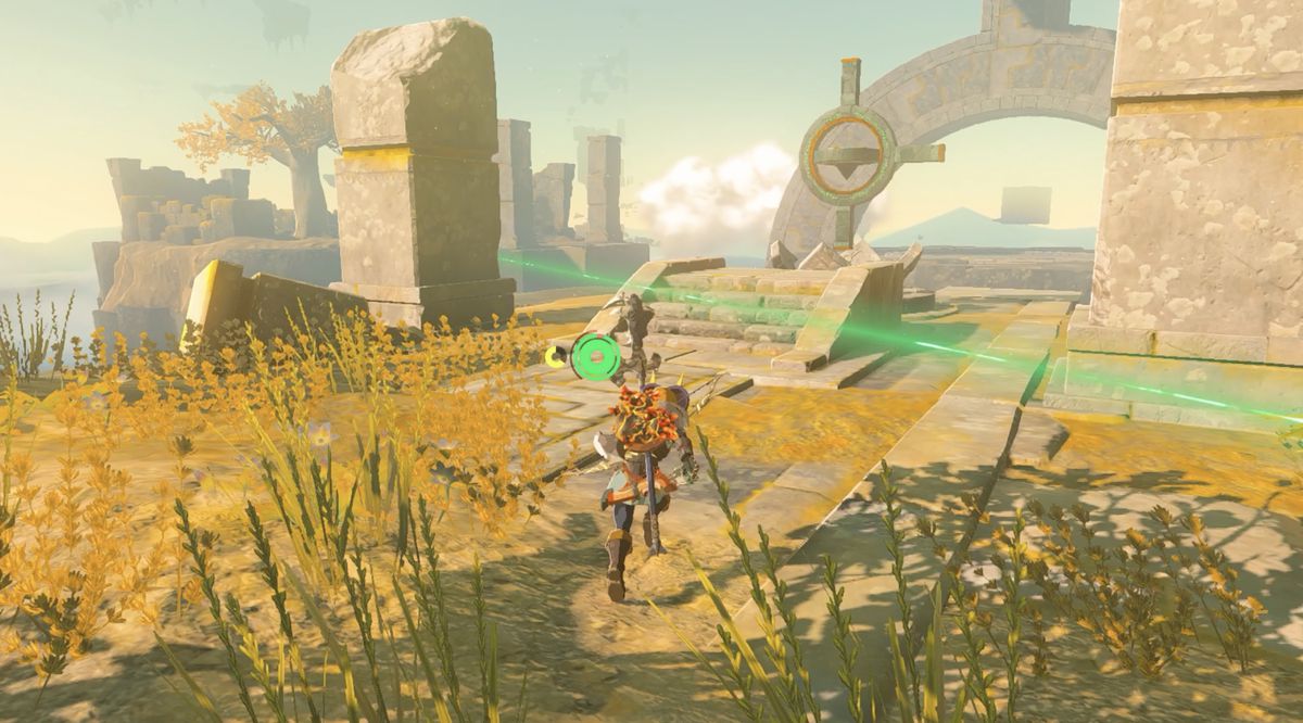 Link går över South Hyrule Sky Archipelago till Jinodok Shrine-pusslet i Zelda: Tears of the Kingdom