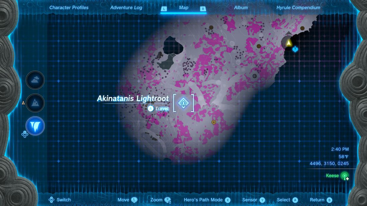 En skärmdump av kartplatsen för Akinatanis Lightroot in the Depths i Zelda: Tears of the Kingdom