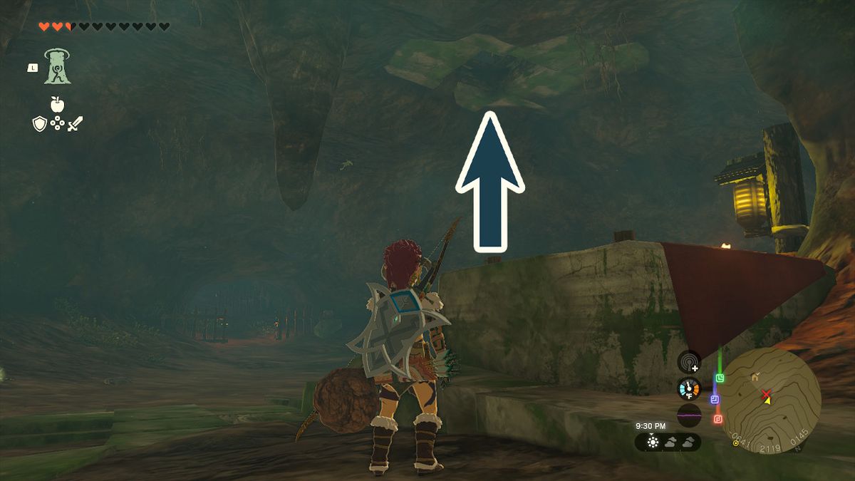 En bild av en pil som pekar mot taket, nära där Link just slogs mot Yiga Clan-medlemmarna, i Zelda: Tears of the Kingdom