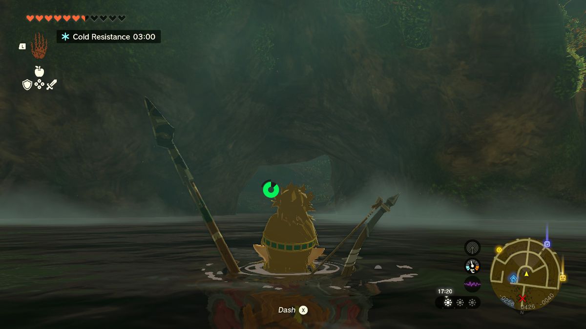 Link simmar i en vattenpöl i en grotta i Zelda Tears of the Kingdom.