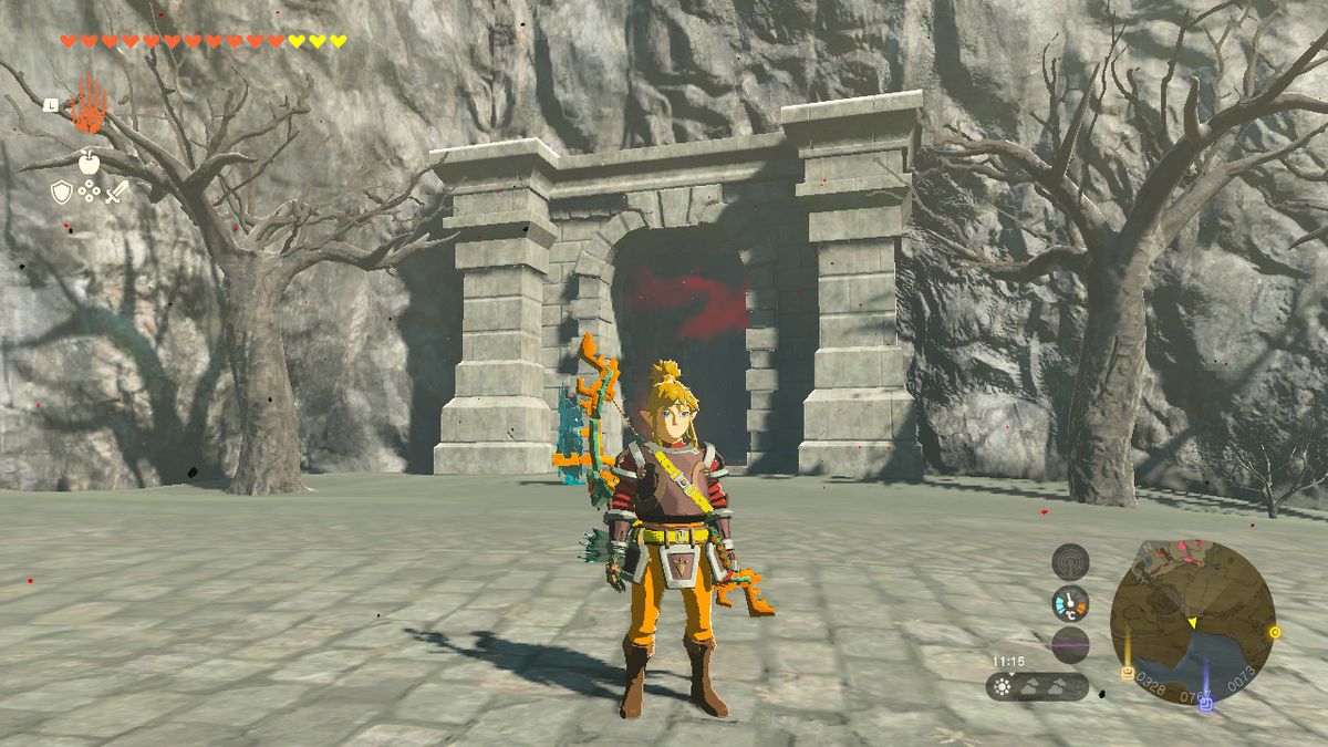 Link står vid ingången till en grotta i Hyrule Castle i Zelda Tears of the Kingdom.