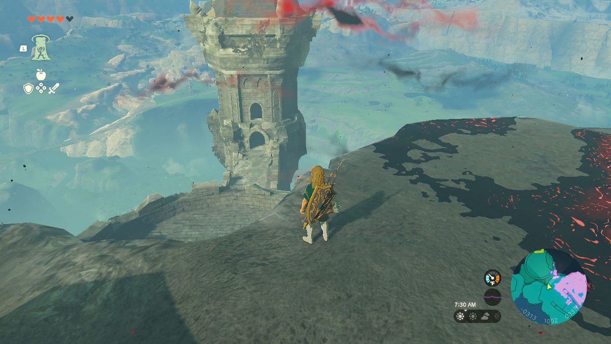 Link stirrar på ett torn i Hyrule Castle i Zelda Tears of the Kingdom.