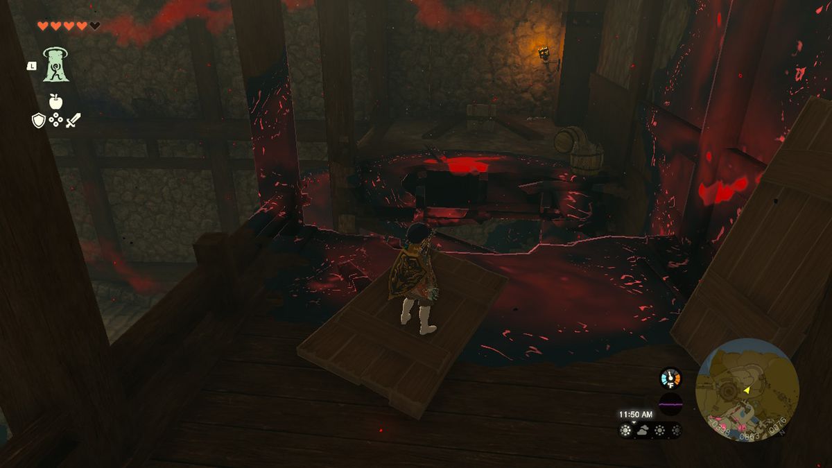 Link placerar en bräda på en pöl av dysterhet för att hitta Royal Guard-rustningen i Hyrule Castle i Zelda Tears of the Kingdom.