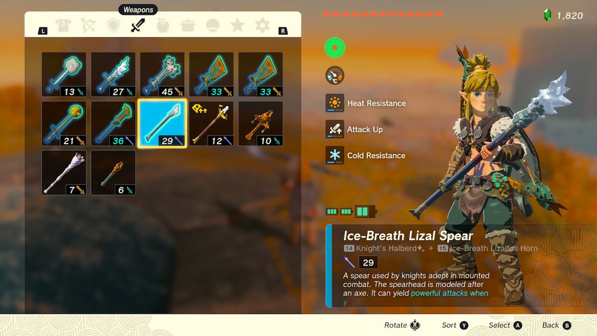 Link använder ett isspjut i en inventeringsmeny för Zelda Tears of the Kingdom.
