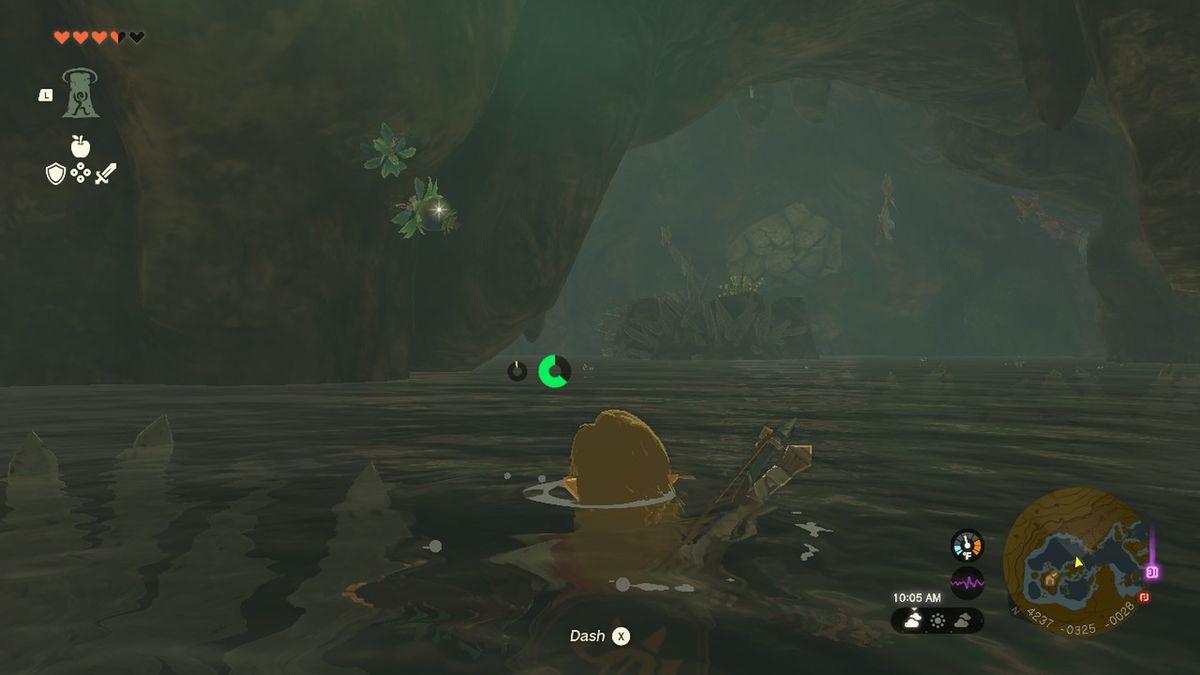 Link simmar mot en stor sten i en flod i Zelda Tears of the Kingdom.