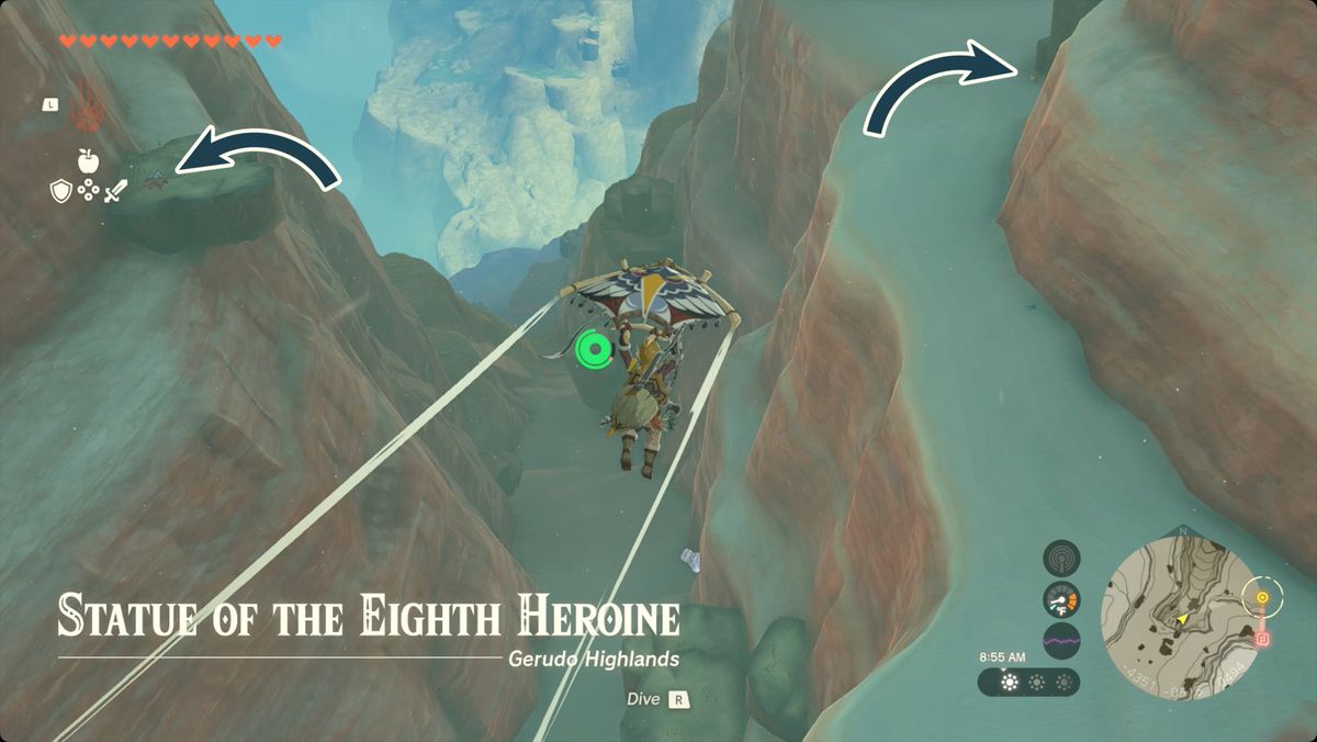 The Legend of Zelda: Tears of the Kingdom Länka skärmflygning in i statyn av den åttonde hjältinnan med pilar som pekar mot närliggande speglar.