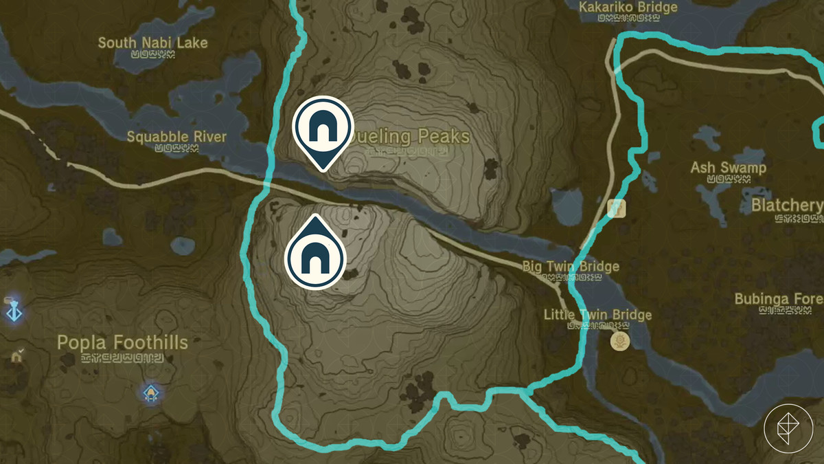 The Legend of Zelda: Tears of the Kingdom-karta som visar platserna för Dueling Peaks North Cave och Dueling Peak South Cave.