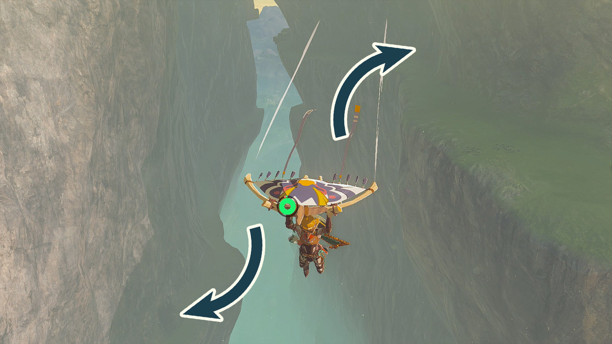The Legend of Zelda: Tears of the Kingdom Länka skärmflygning mellan Dueling Peaks med pilar som indikerar ingångarna till Dueling Peaks North Cave och Dueling Peak South Cave.