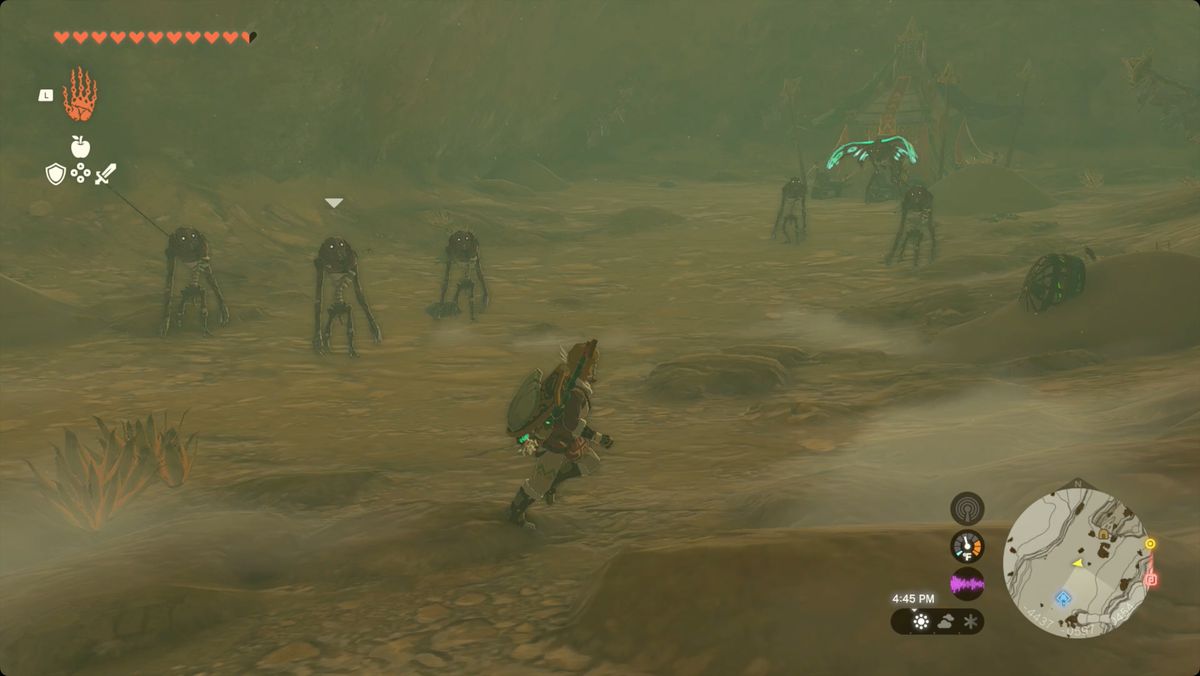 The Legend of Zelda: Tears of the Kingdom Link inuti statyn av den åttonde hjältinnagrottan som är på väg att attackeras av många Gibdos.