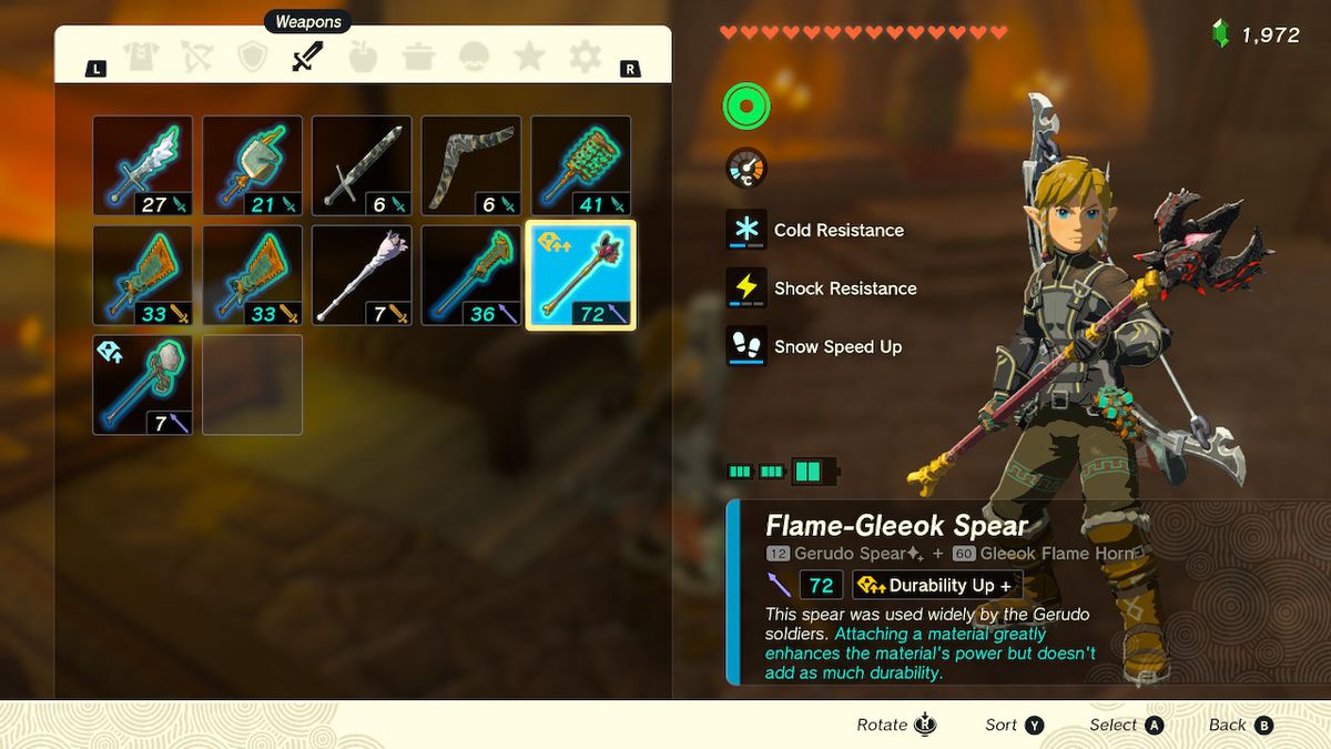 An inventory screens showing a 72 power Flame-Gleeok Spear