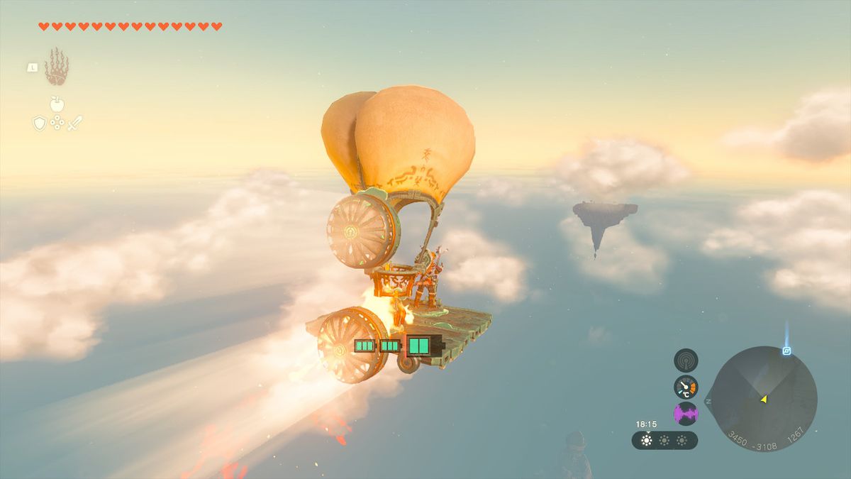 Link using a Zonai contraption to fly through the skies towards an island