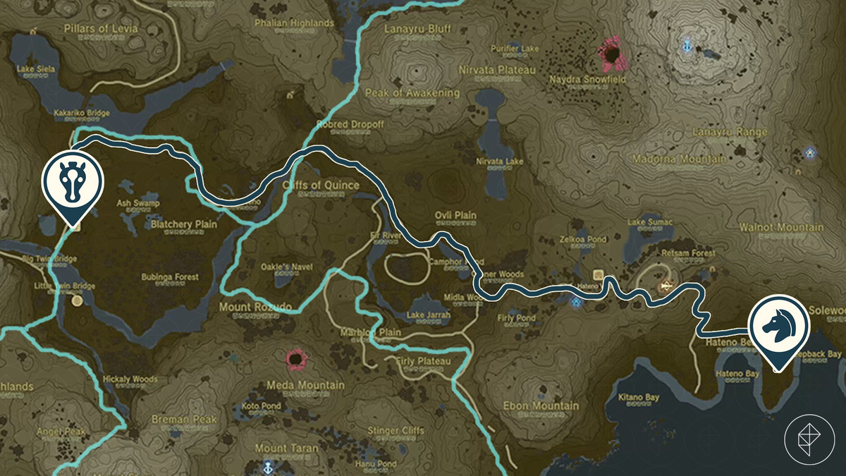 The Legend of Zelda: Tears of the Kingdom-karta som visar rutten mellan Ganon's Giant Horse och Dueling Peaks Stable.