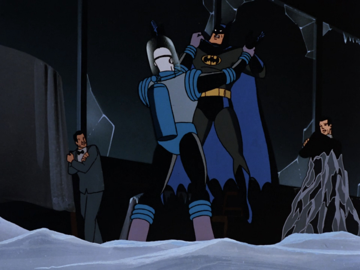 Mr. Freeze håller upp Batman vid udden i en stillbild från Batman: The Animated Series