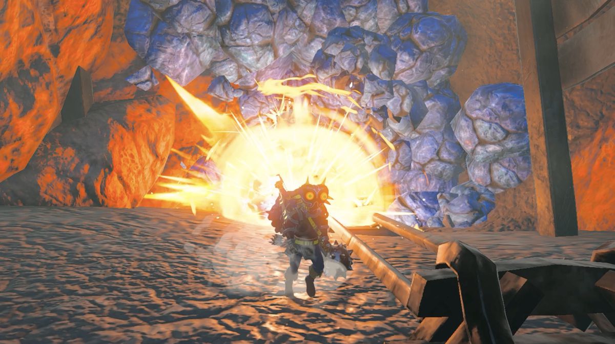 Link uppmanar Vow of Yunobo, Sage of Fire att spränga stenar i Zelda: Tears of the Kingdom