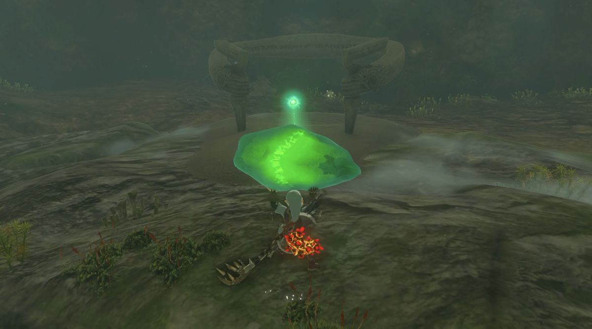 Link bär En-oma Shrine-kristallen till helgedomen i Zelda: Tears of the Kingdom