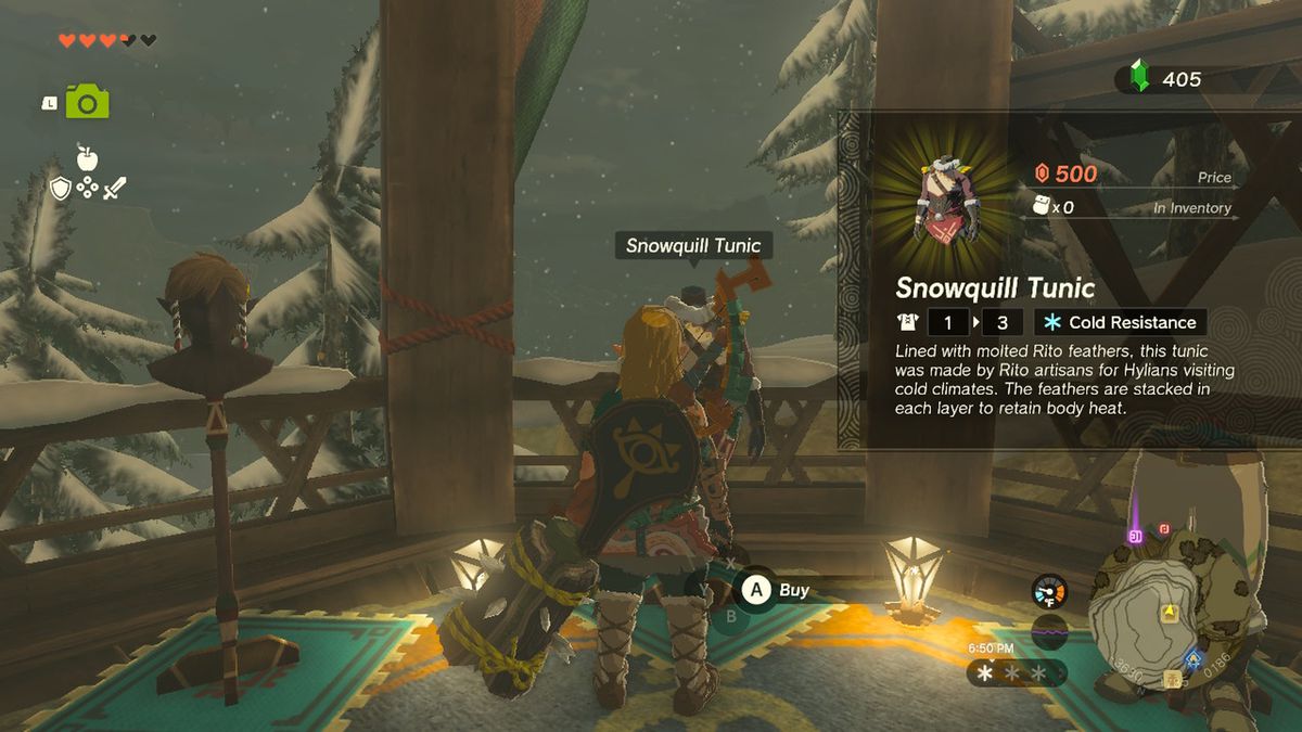 Link stirrar på Snowquill Armor i Rito Village Armor Shop i Zelda Tears of the Kingdom.