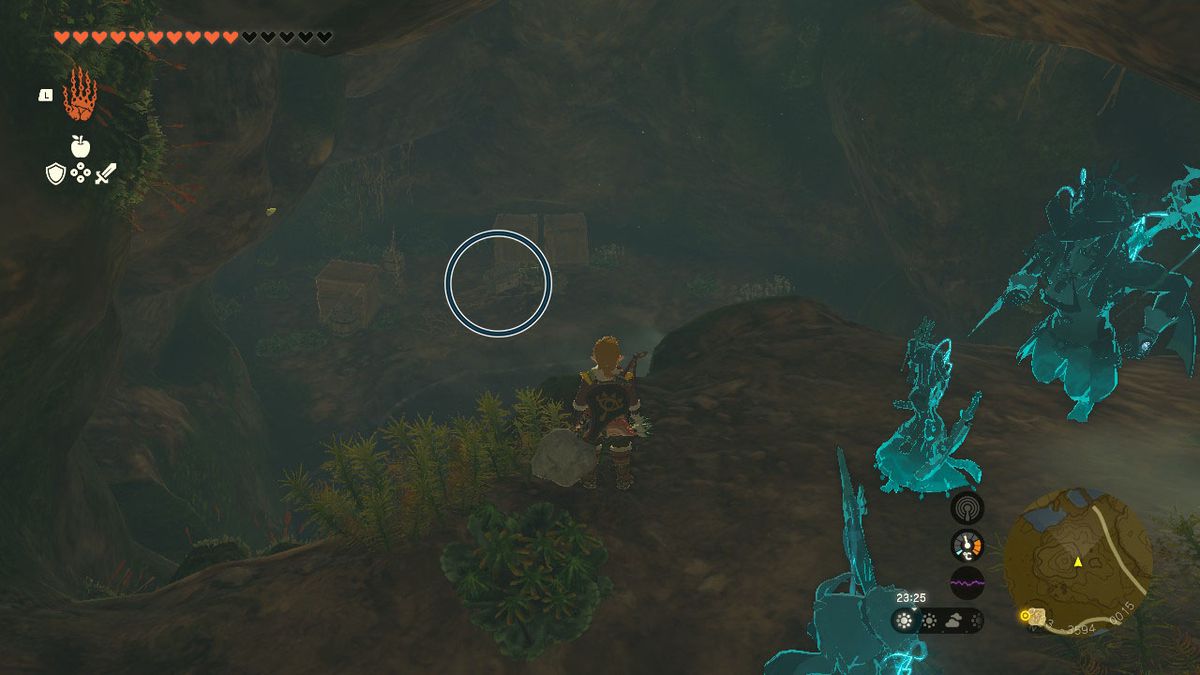Link tittar på en kista som innehåller gamla blad i en grotta i Zelda Tears of the Kingdom.