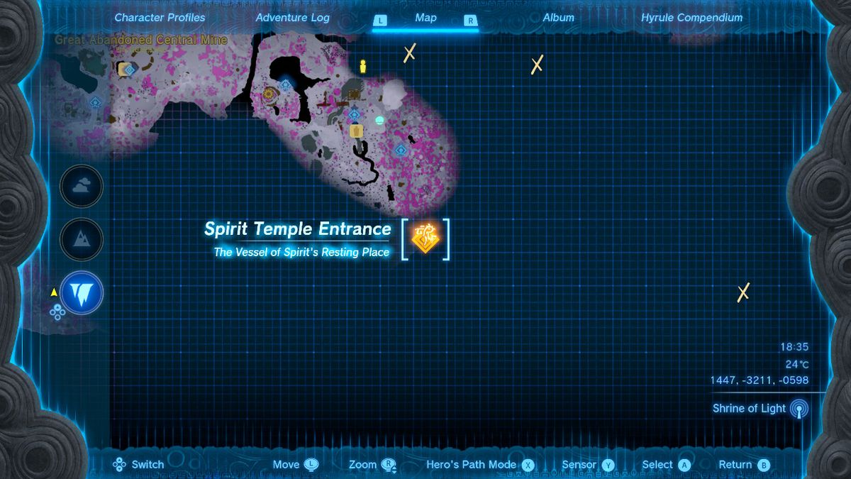 En karta visar ingången till Spirit Temple in the Depths i Zelda Tears of the Kingdom.