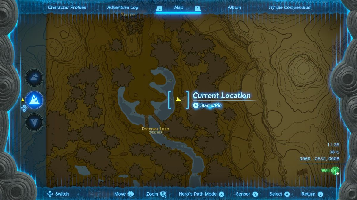 En karta visar platsen för Dracozu Lake i Zelda Tears of the Kingdom.