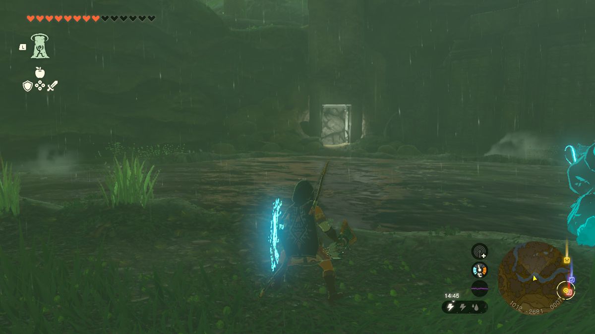 Link stirrar på en vägg vid Dracozu Lake i Zelda Tears of the Kingdom.